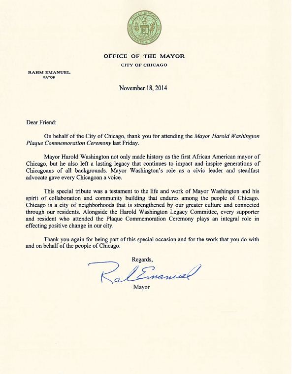 A Thank You Letter From Mayor Rahm Emanuel